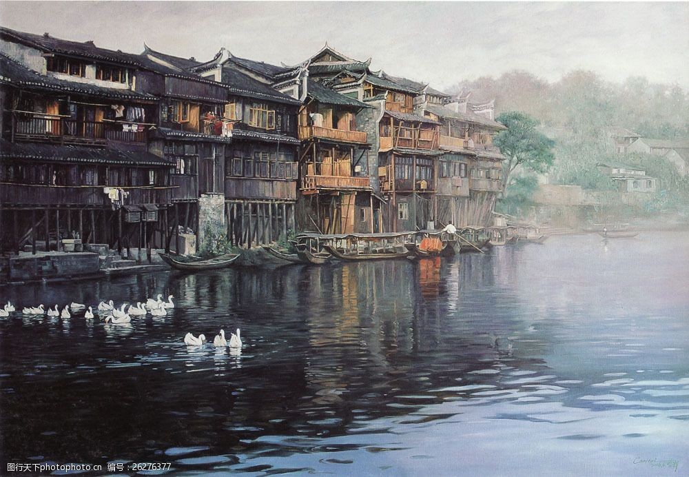 油画古镇风景图片