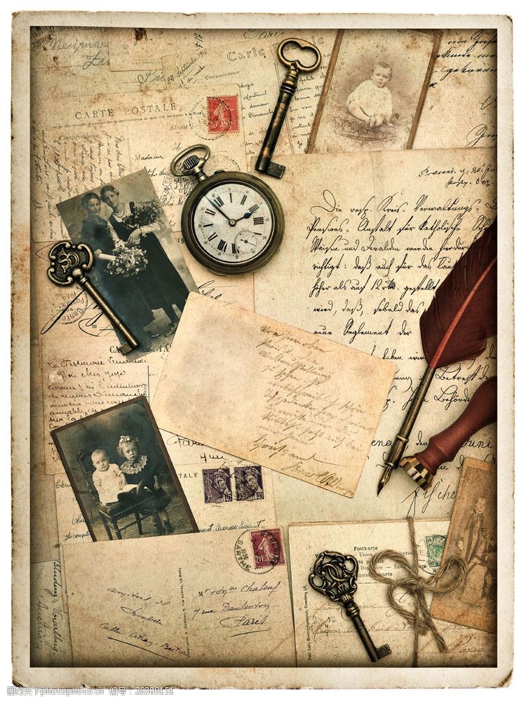 旧照片与物品图片素材 信纸 旧照片 钥匙 笔 怀表 纸 复古 怀旧 纸箱