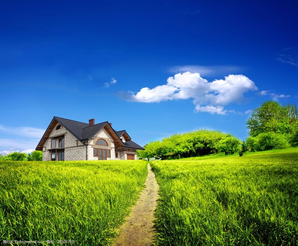 草原风光 绿色 草地 草坪 小路 房屋 别墅 蓝天白云 美丽风景 摄影图