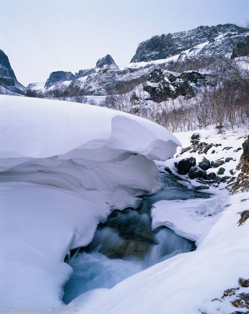 关键词:山间厚厚积雪旁流淌的小溪图片素材 竖构图 冬季 冬日 冬天