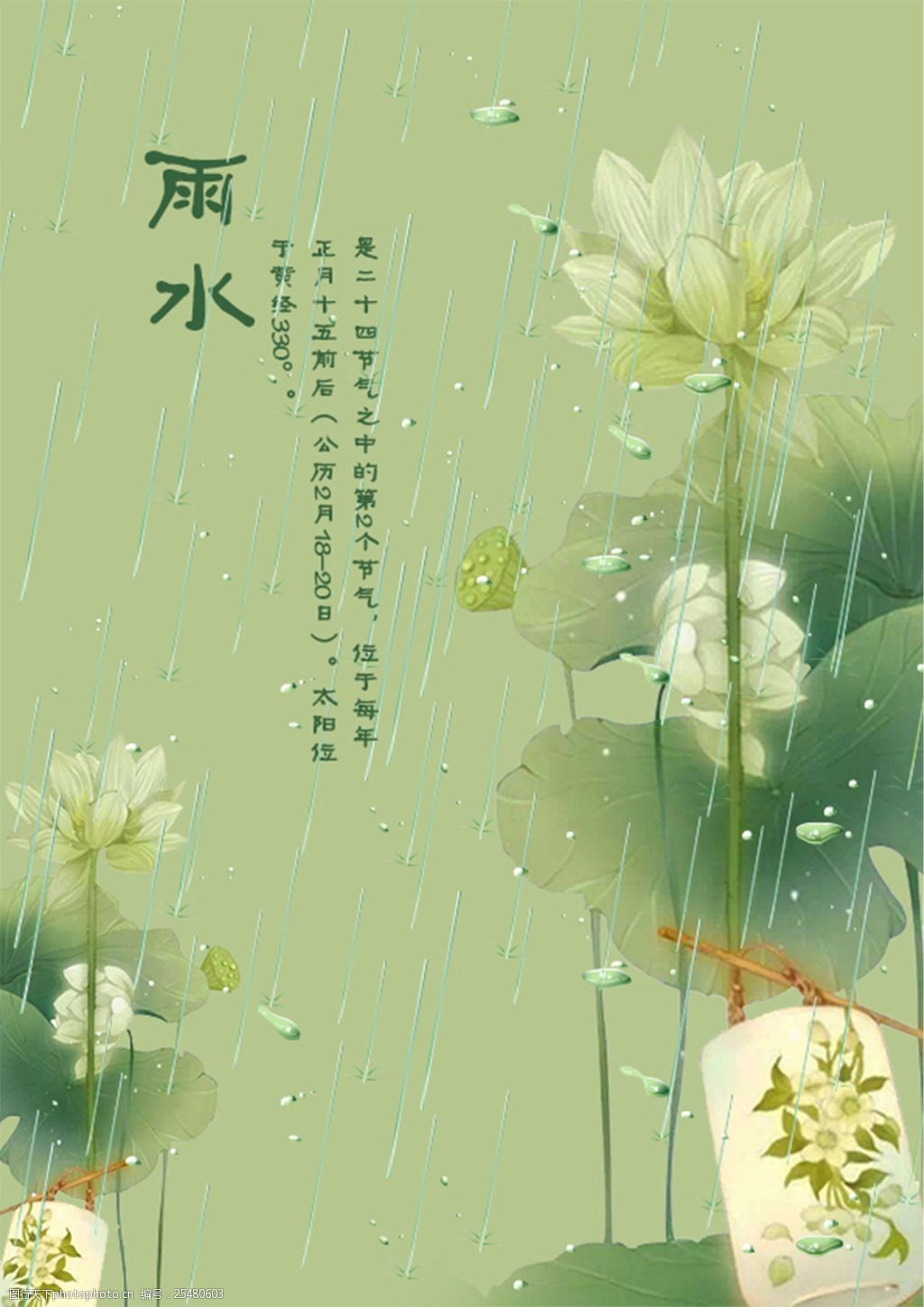 关键词:清新雨水海报 24节气 雨水 荷花 唯美 绿色