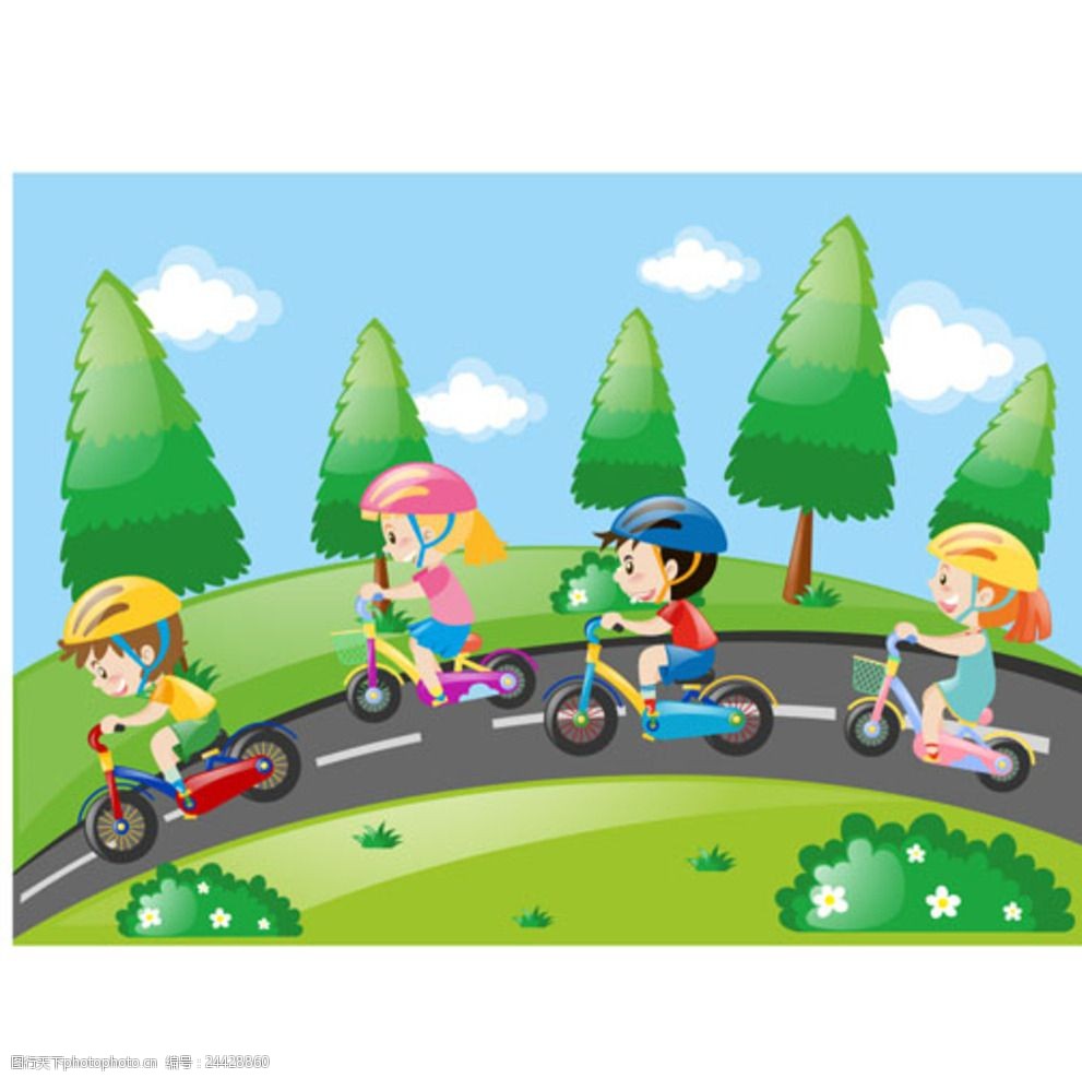 卡通儿童节快乐骑自行车的孩子