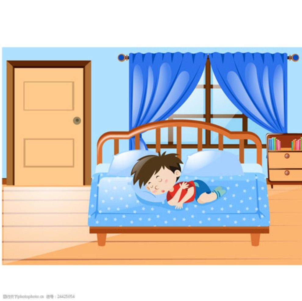卡通儿童节在床上睡觉的男孩