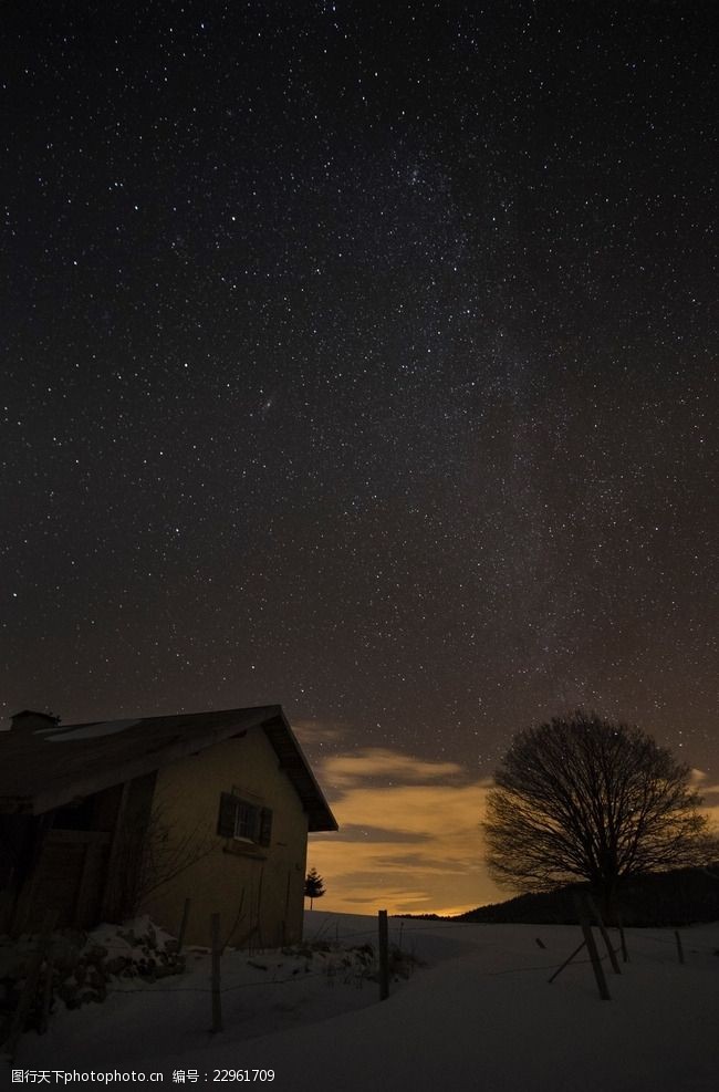 乡村的星空 繁星点点 铺满雪的地面 房子 一颗树 夜晚风景 摄影 自然