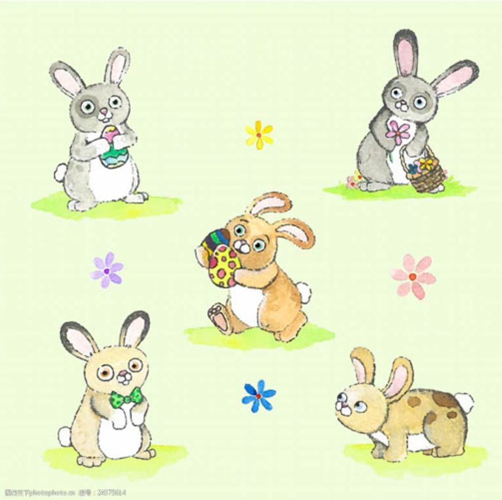 五只手绘水彩复活节兔子