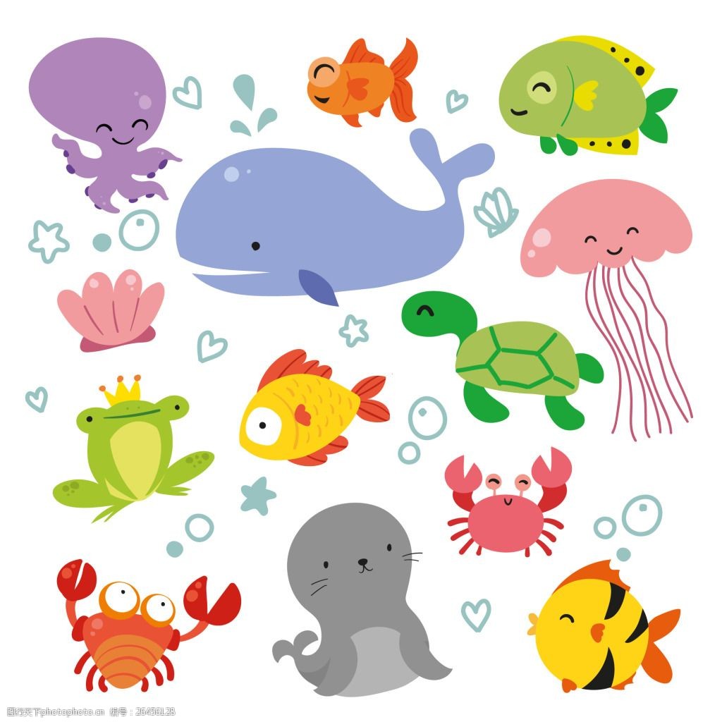 一组彩色海底动物生物素材