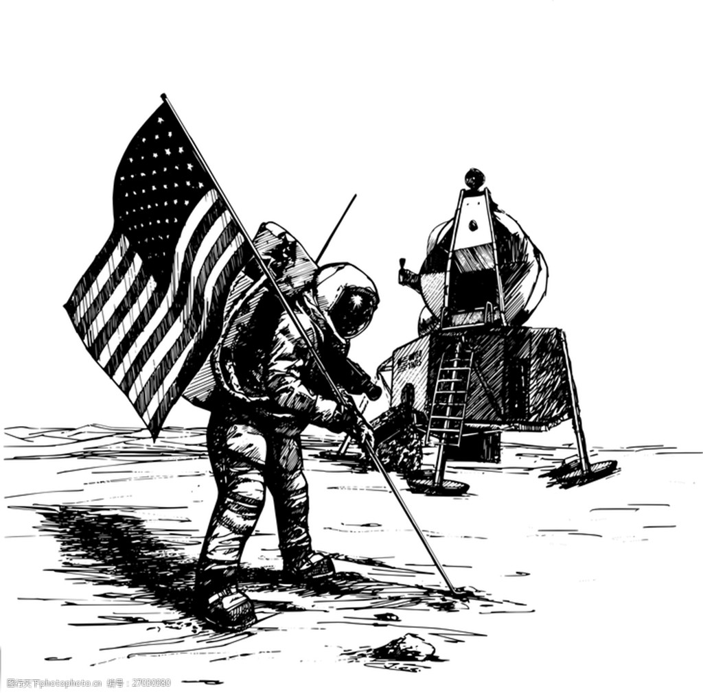关键词:月球着陆黑白插画 阿波罗 月球着陆 美国航空航天局 美国 太空