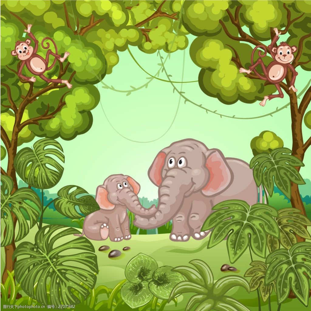 绿色森林里的动物大象猴子