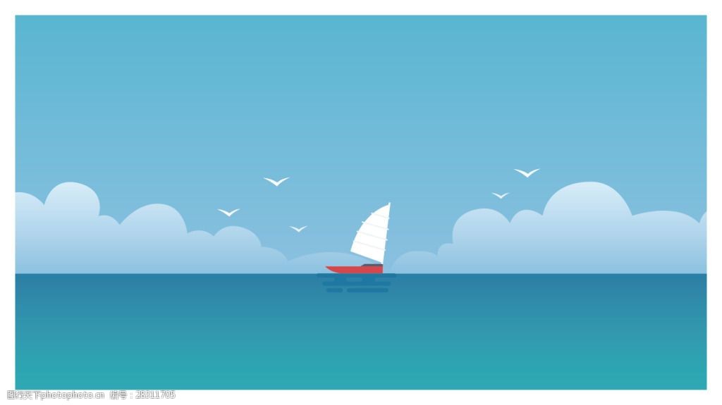 关键词:小清新风景矢量插图设计 蓝天 白云 帆船 海鸥 大海 矢量插画