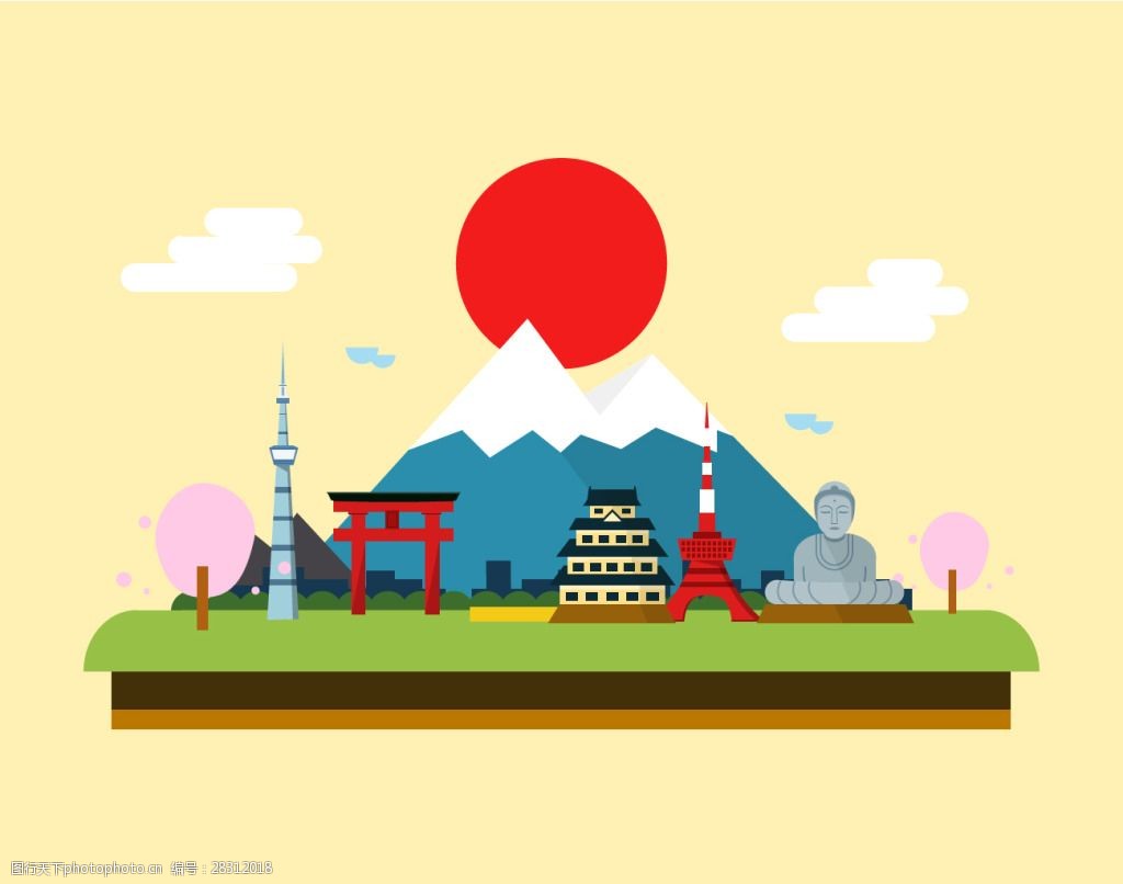 关键词:日本风景民族风情插画 日本 风景 富士山 樱花 东京铁塔 佛寺