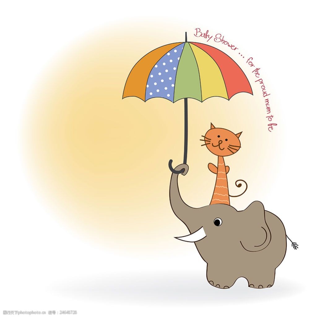 手绘大象小猫雨伞插图背景