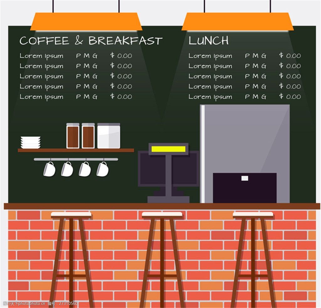 扁平化咖啡馆内部吧台设计矢量素材
