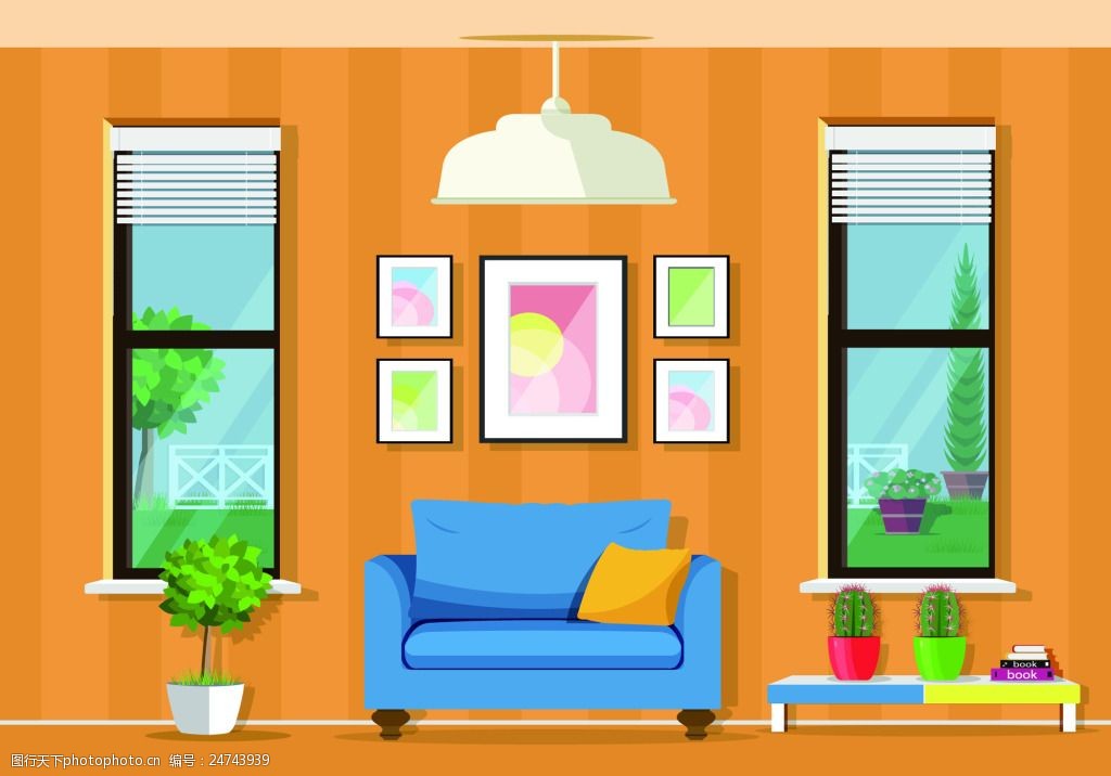 橙色家庭室内房间装饰设计卡通矢量模板
