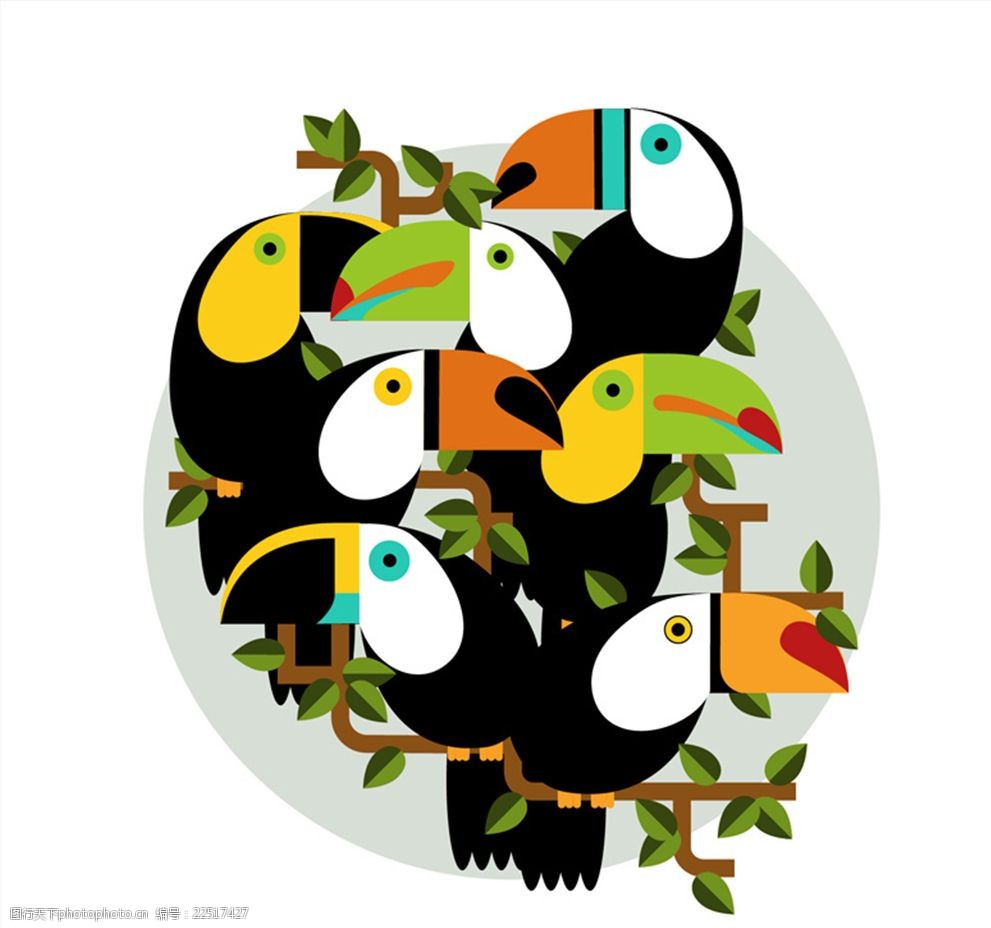 7只卡通大嘴鸟矢量素材 鸟 动物 树干 大嘴鸟 卡通动物 手绘 设计