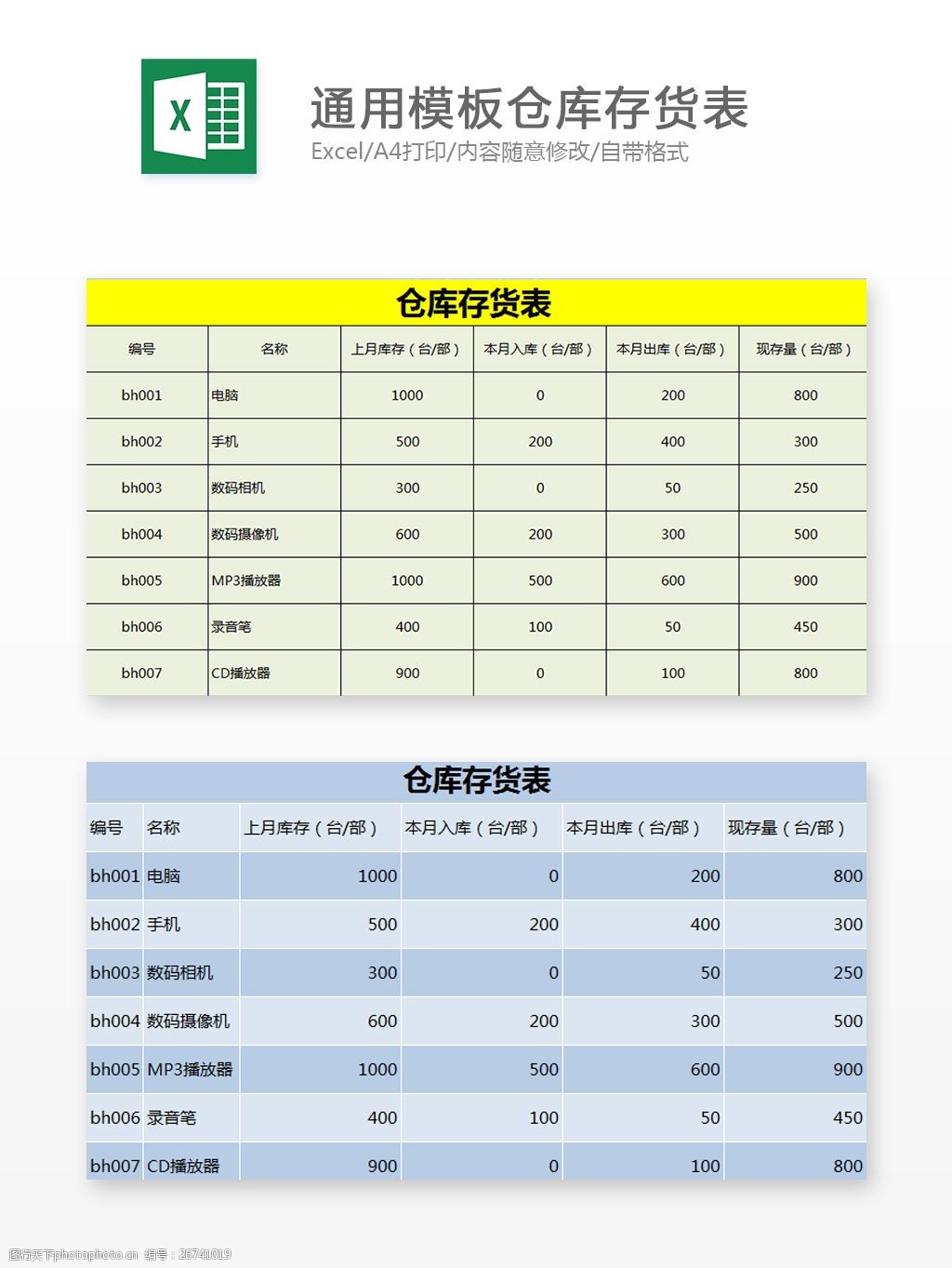 通用模板仓库存货表
