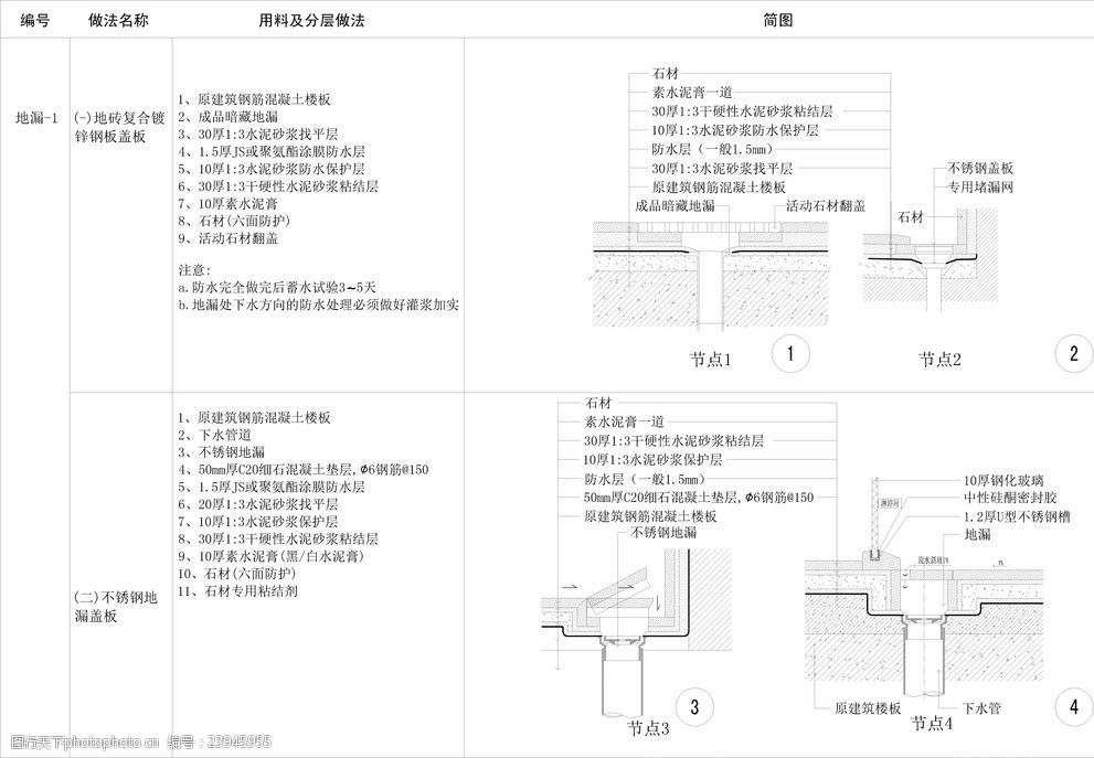 地漏剖面cad节点图