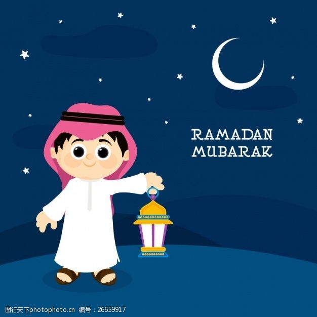 ramadanmubarak背景与男孩拿着灯笼