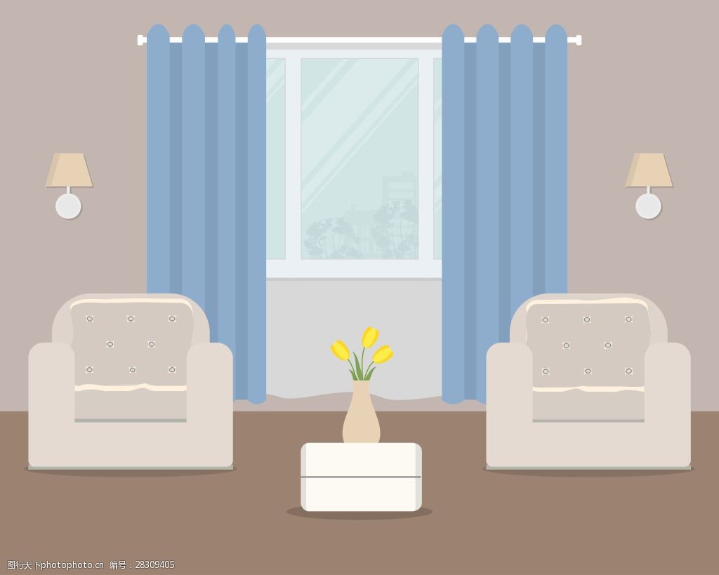 关键词:家居客厅插画 窗户 窗帘 沙发 壁灯 茶几 单人沙发 家居