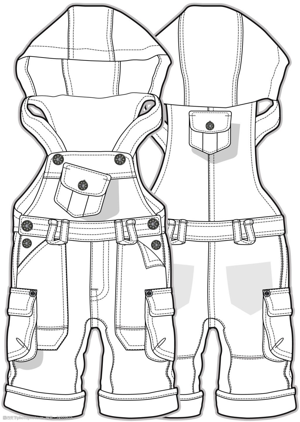 连帽背带儿童服装设计秋冬装线稿矢量素材