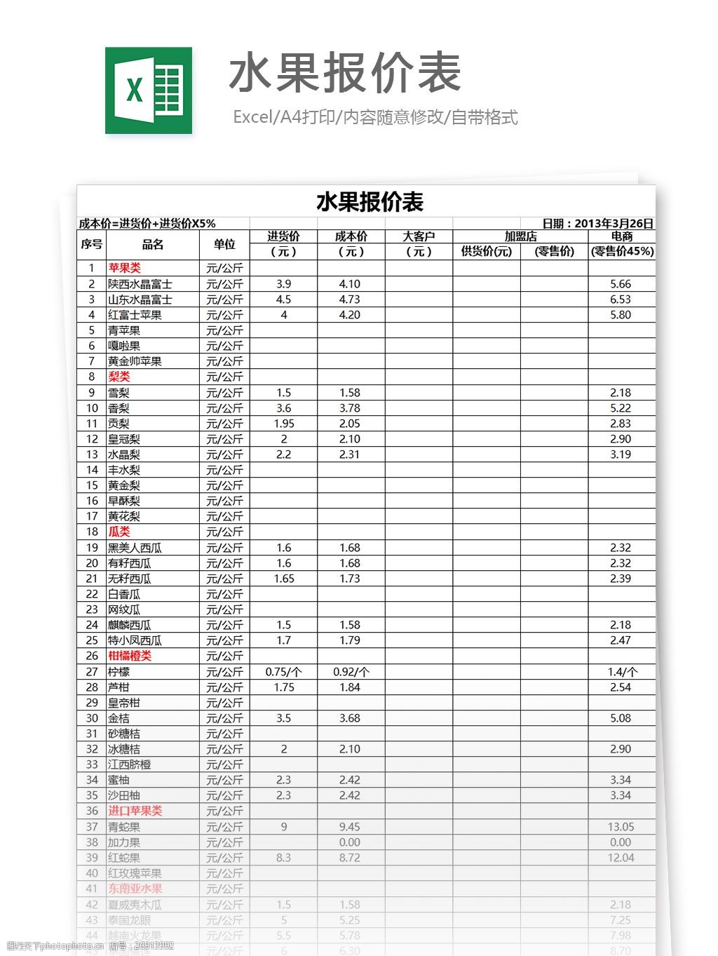 水果报价表excel模板