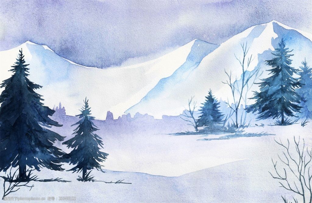 松树水彩画冬季森林河边矢量素材 白色 雪地 水墨 远山 蓝色 卡通