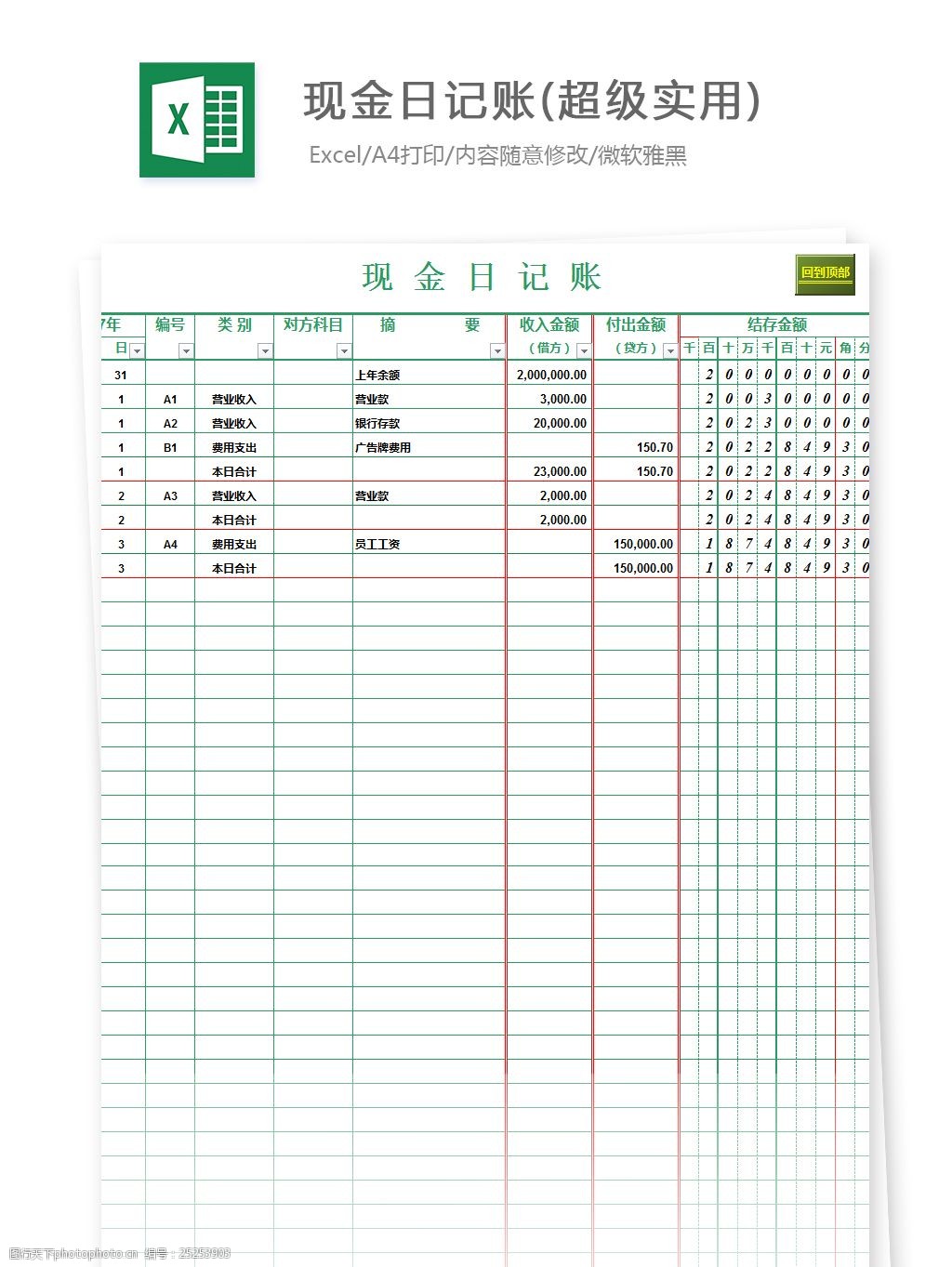 现金日记账(超级实用)excel模板