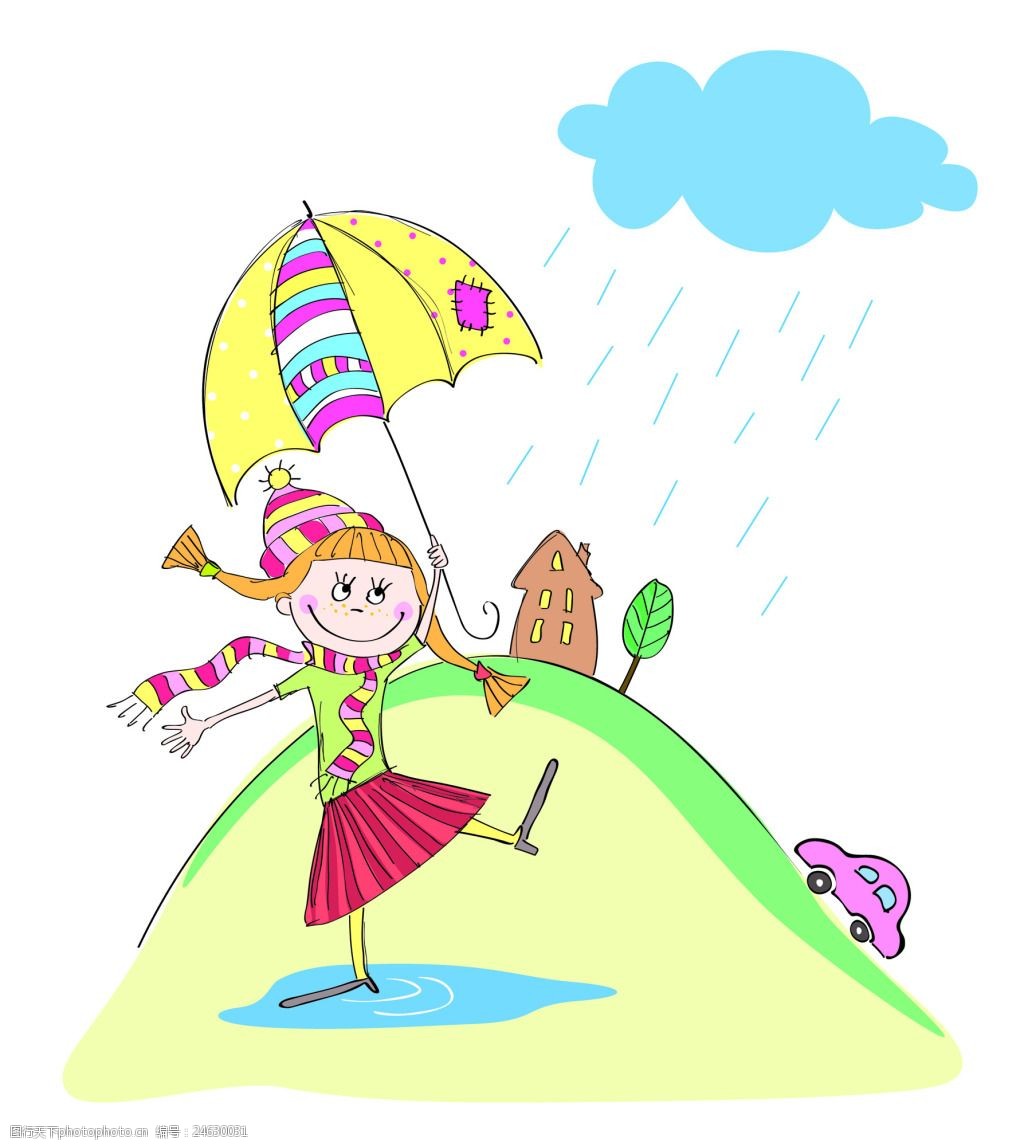 关键词:小女孩插画风景背景矢量素材 撑伞的小女孩 下雨天 山坡 卡通