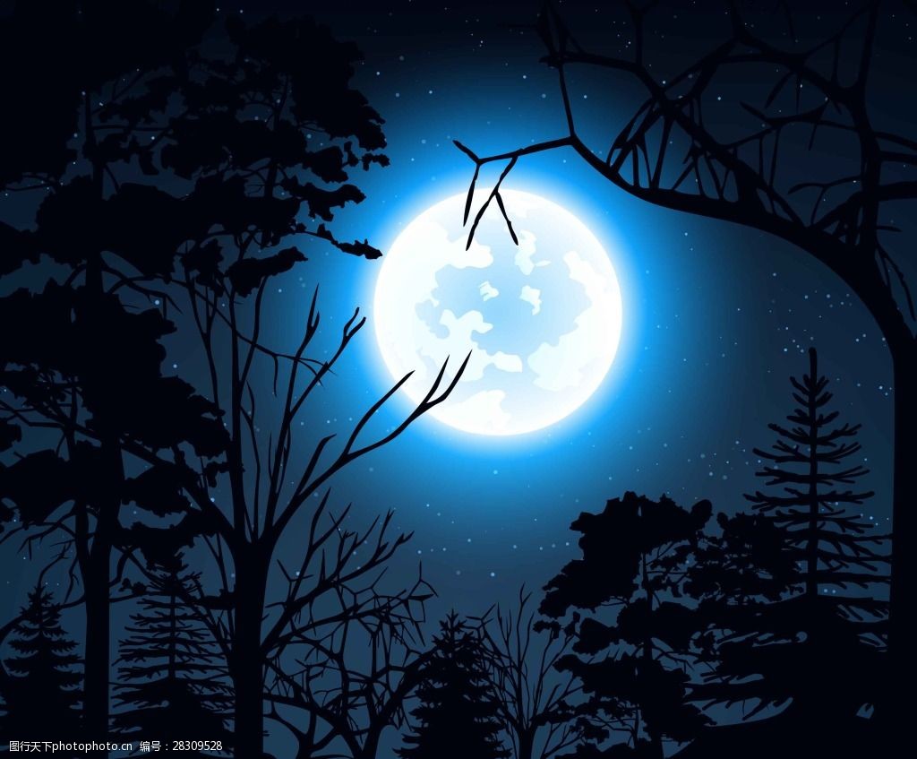 关键词:夜色中的树木矢量 月亮 圆月 夜晚 星空 神秘 夜色 蓝色 光芒