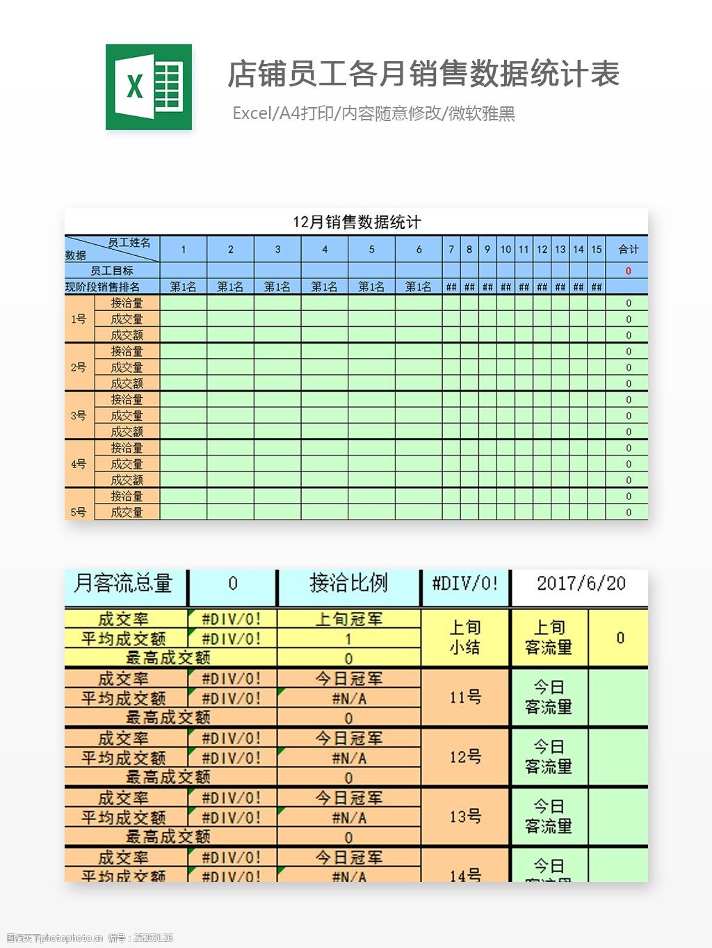 店铺员工各月销量数据统计表excel文档