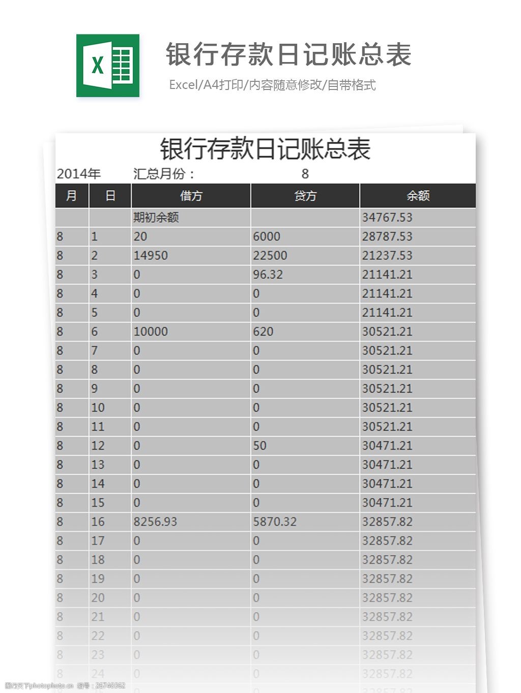 银行存款日记账总表excel模板