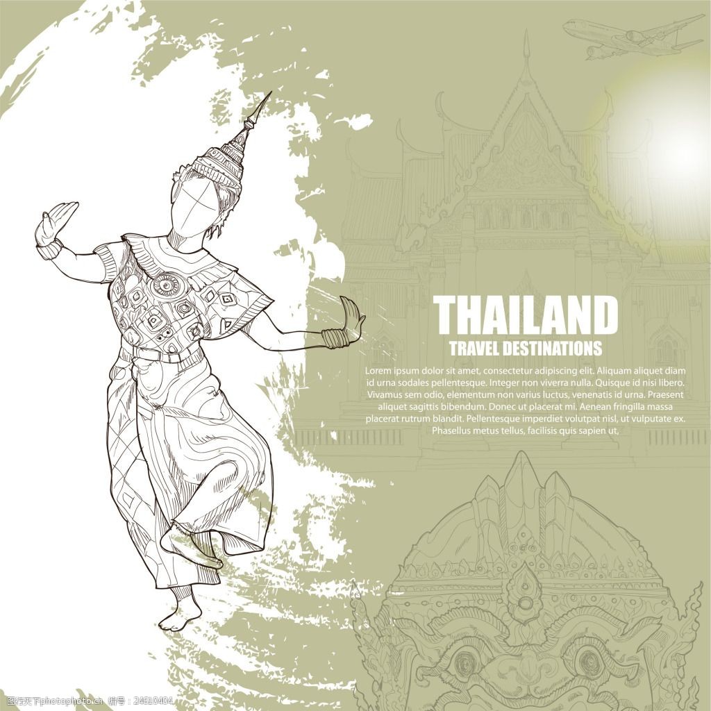 佛泰国旅游场景海报banner元素 泼墨 背景 复古 黑白 线条 手绘 泰国