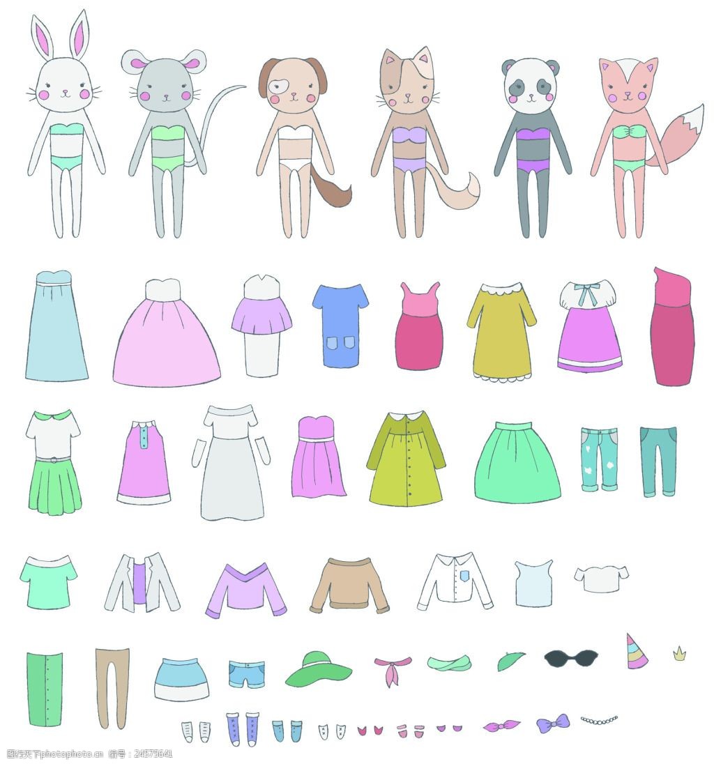关键词:卡通动物和服装矢量设计素材 装扮游戏 卡通 动物 服装 装饰