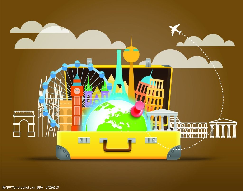 关键词:黄色旅行海报创意插画背景 旅行箱 游乐园 经典 旅游 海报