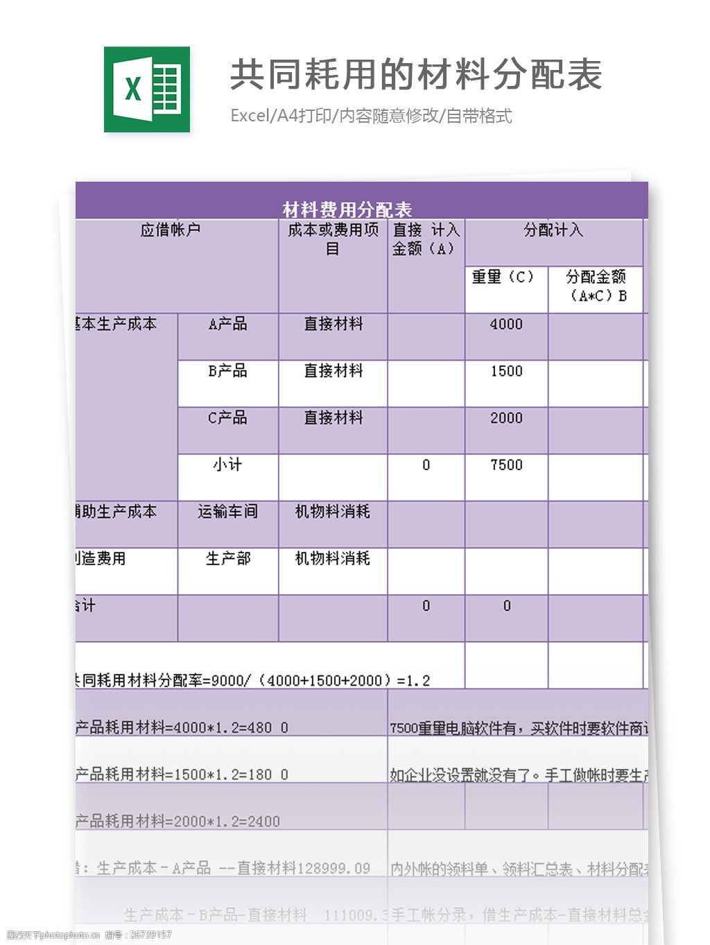 关键词:共同耗用的材料分配表excel模板 excel模板 表格模板 图表