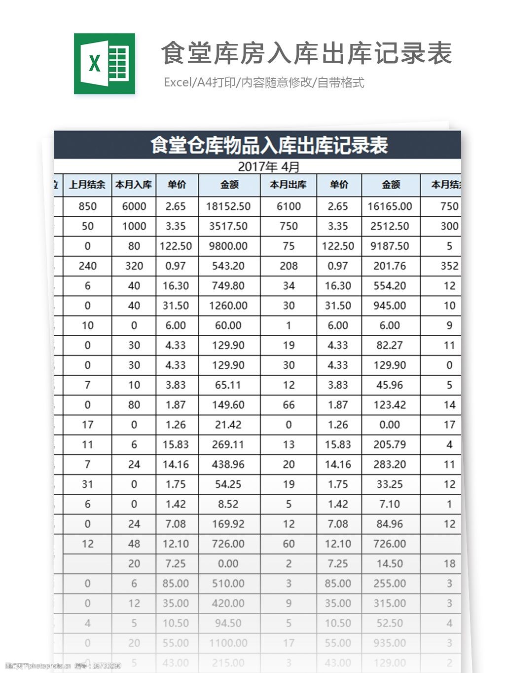 食堂库房入库出库明细表excel模板