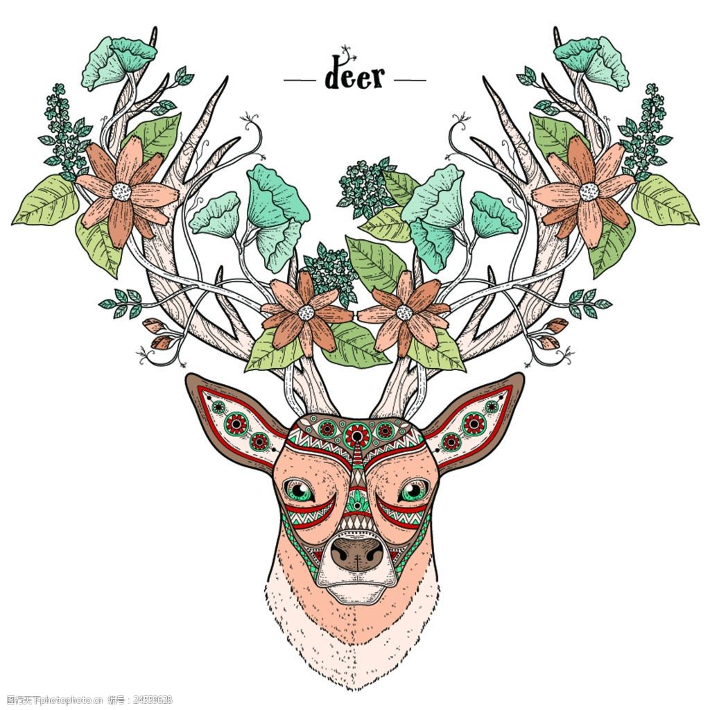 关键词:鹿插画创意动物头像矢量素材 创意 艺术 彩色 鹿 卡通 复古