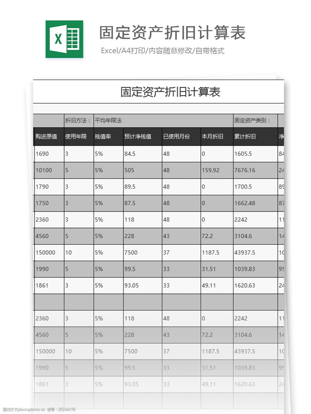 固定资产折旧计算表excel表格模板