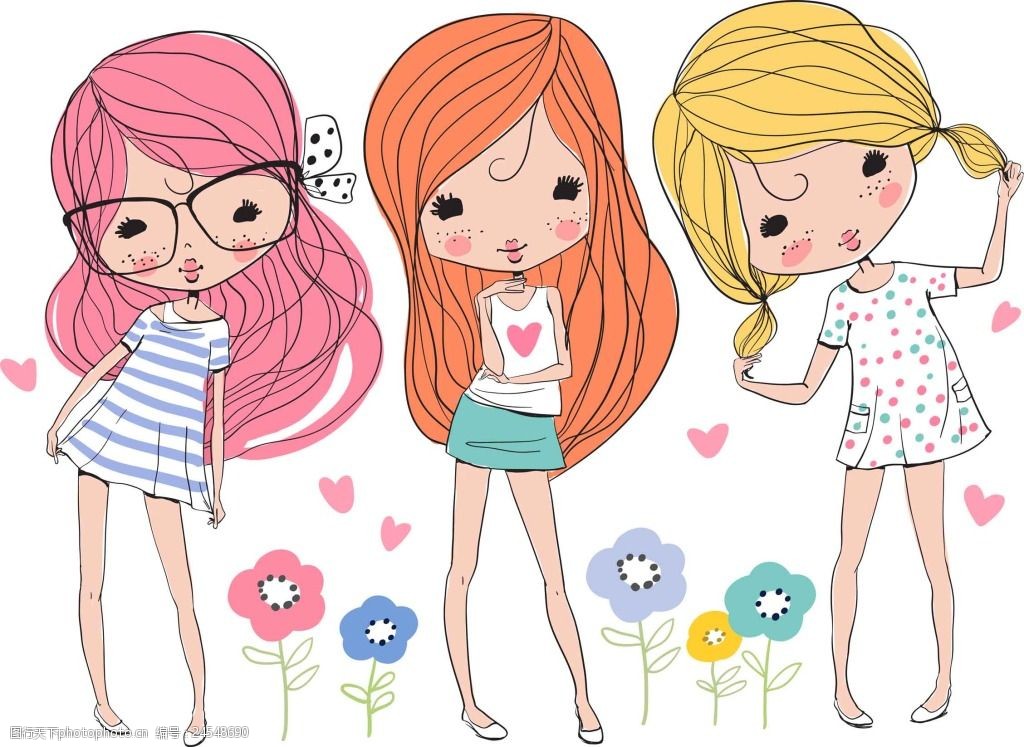 手绘三个可爱的女孩插画