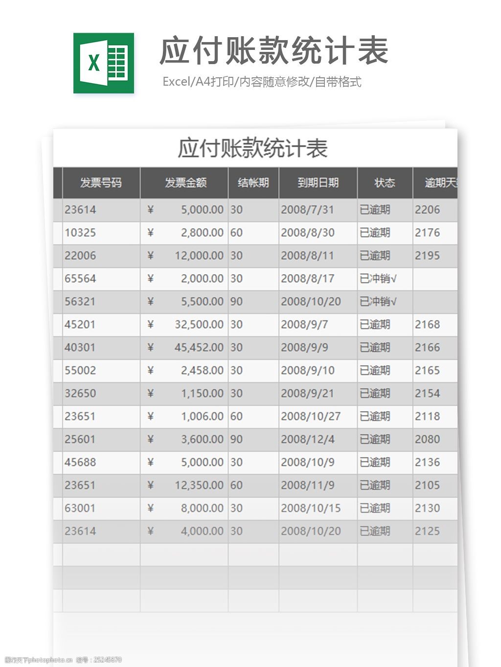 应付账款统计表excel表格模板