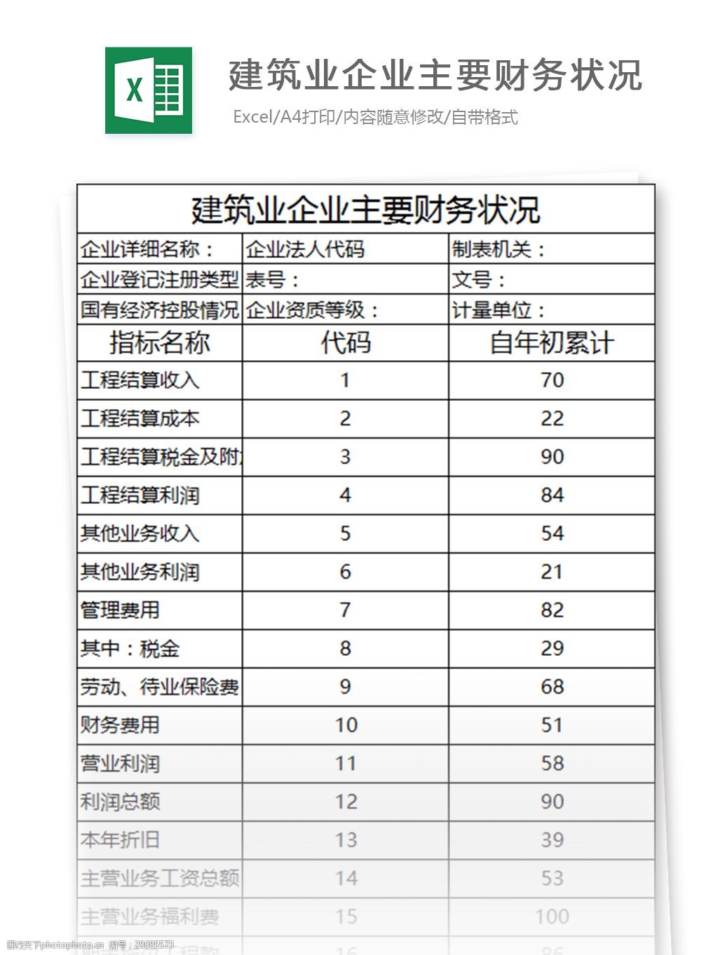 建筑业企业主要财务状况excel表格模板