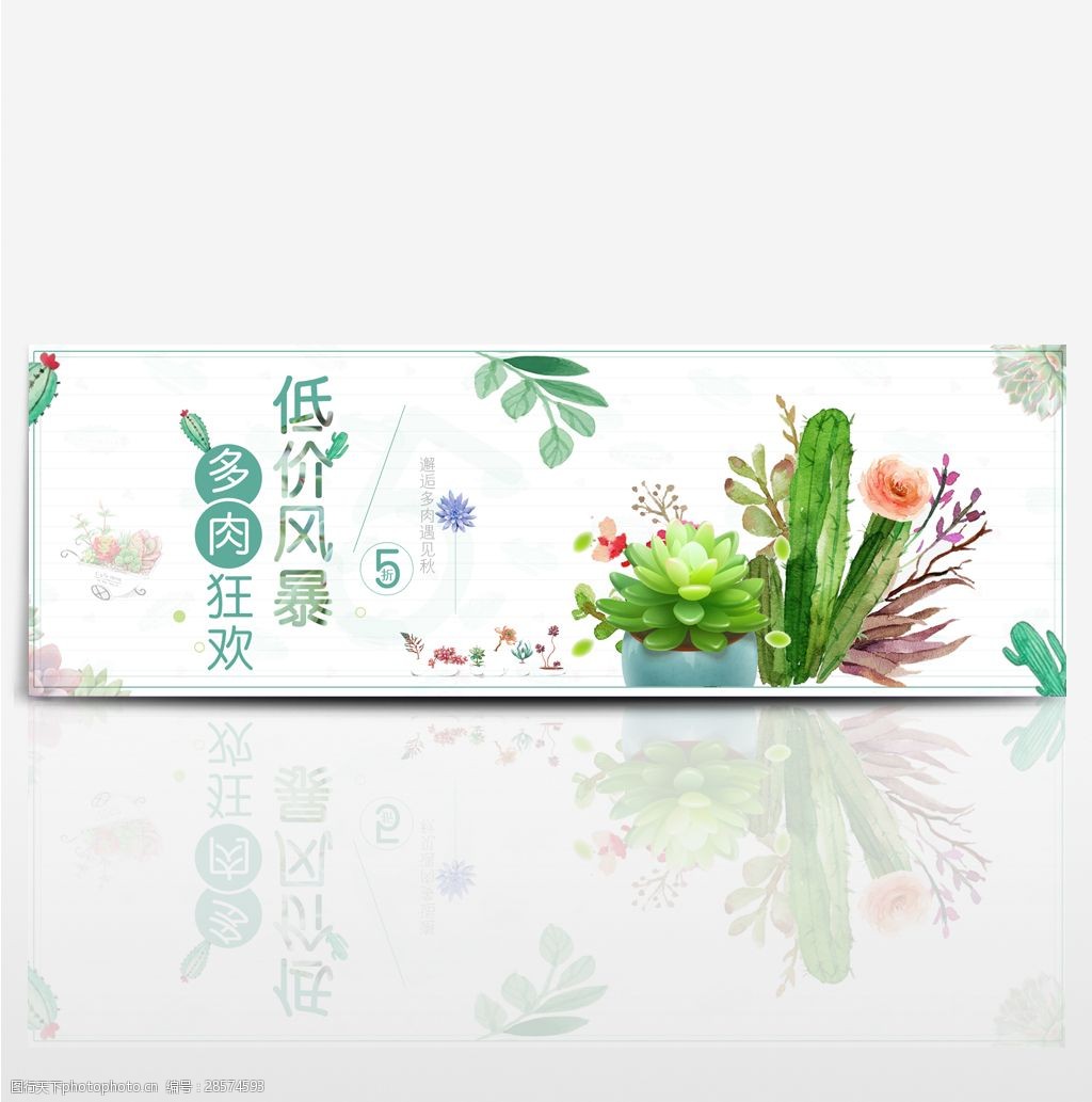 淡绿色小清新多肉花朵绿植淘宝全屏海报banner电商