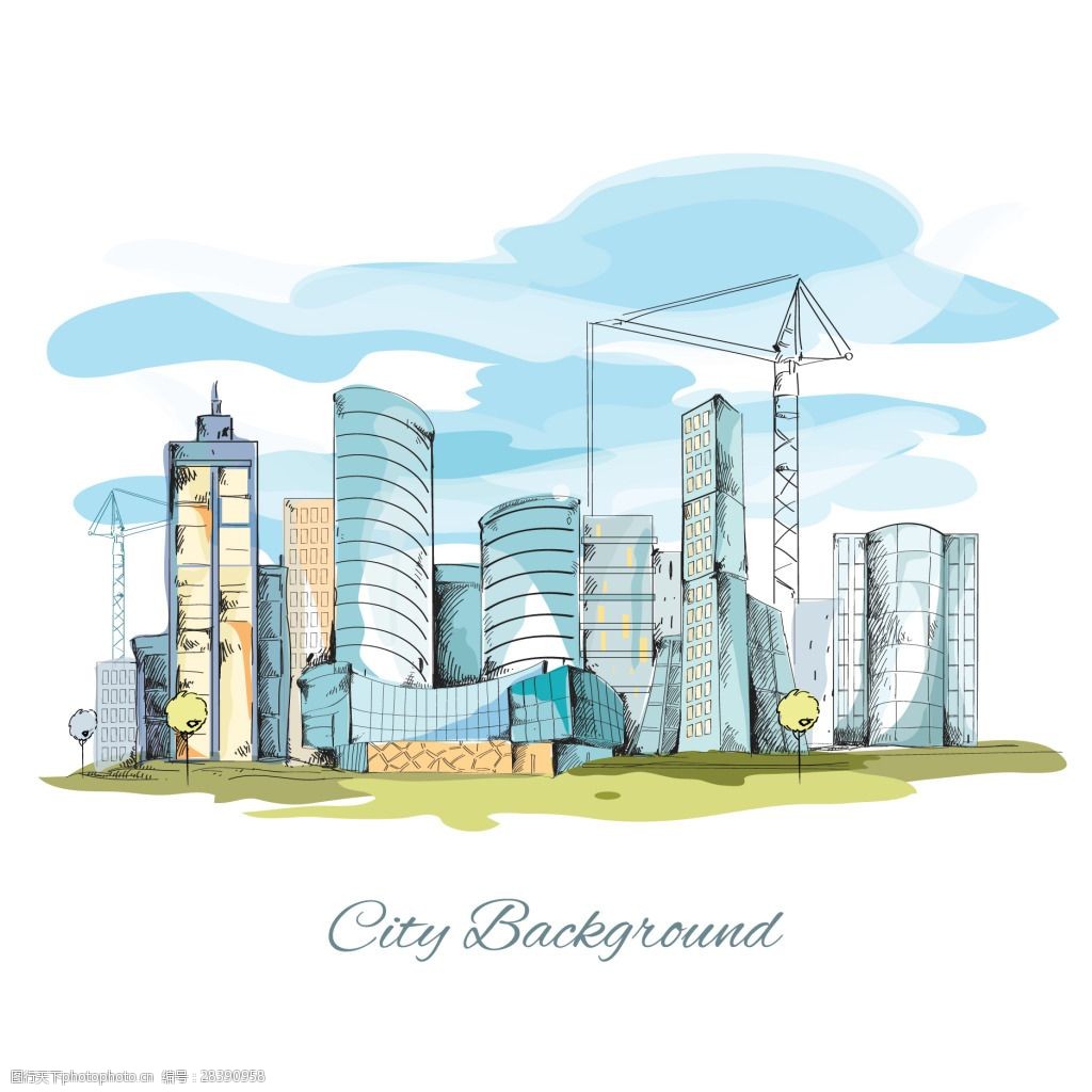 手绘水彩城市建筑插画