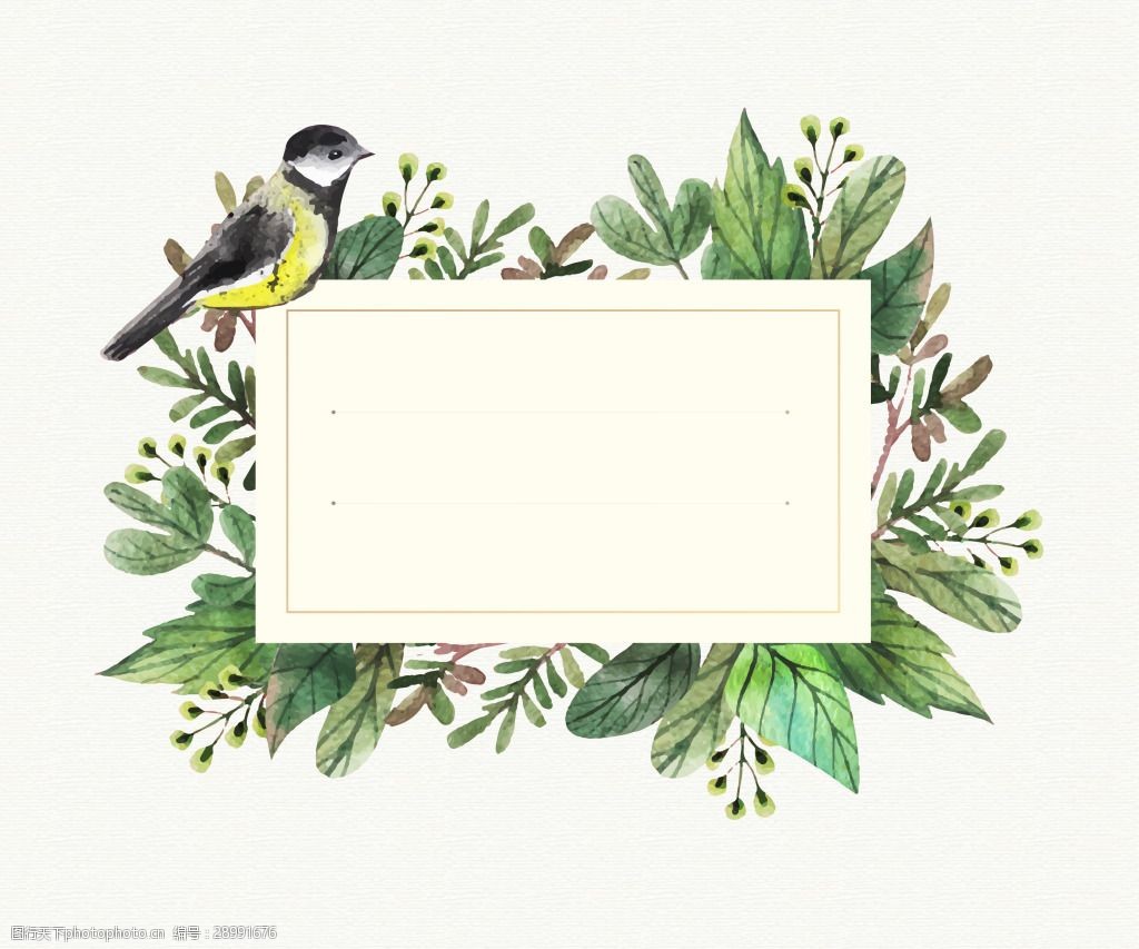 矢量文艺清新手绘水彩小鸟树叶边框背景