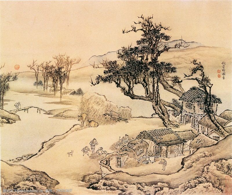 关键词:背景墙装饰画山水人物图 中式 古典 山水画 人物 大山 房子