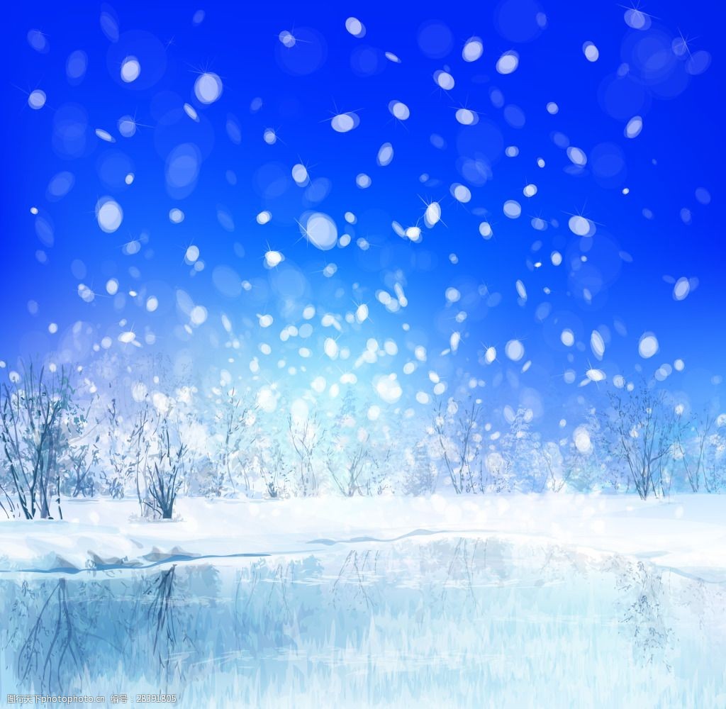 湖面冬天雪景插画