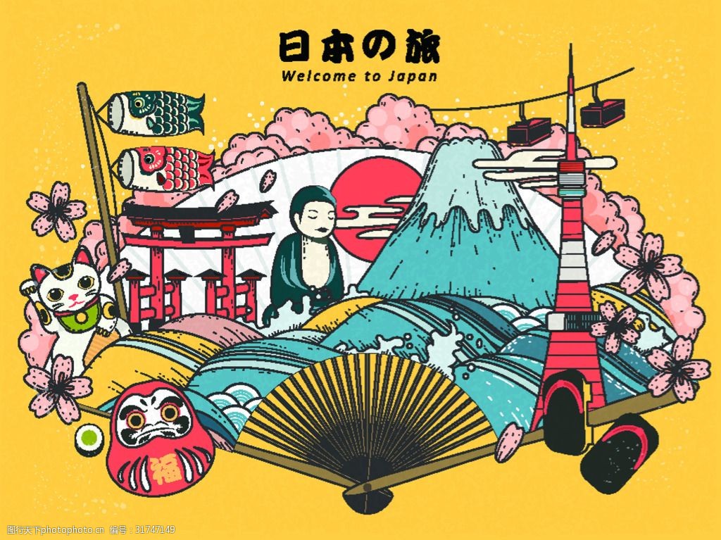 卡通 创意 旅游 设计素材 矢量素材 日本 平面设计 装饰背景
