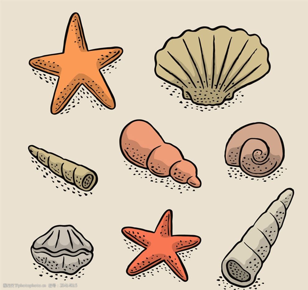 关键词:8款彩绘贝壳和海星矢量素材 海螺 扇贝 彩绘 海滩 贝壳 海星