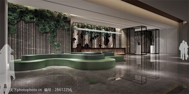 关键词:娱乐场所大厅效果图 绿植墙 创意圆形沙发 绿色沙发 工装大厅