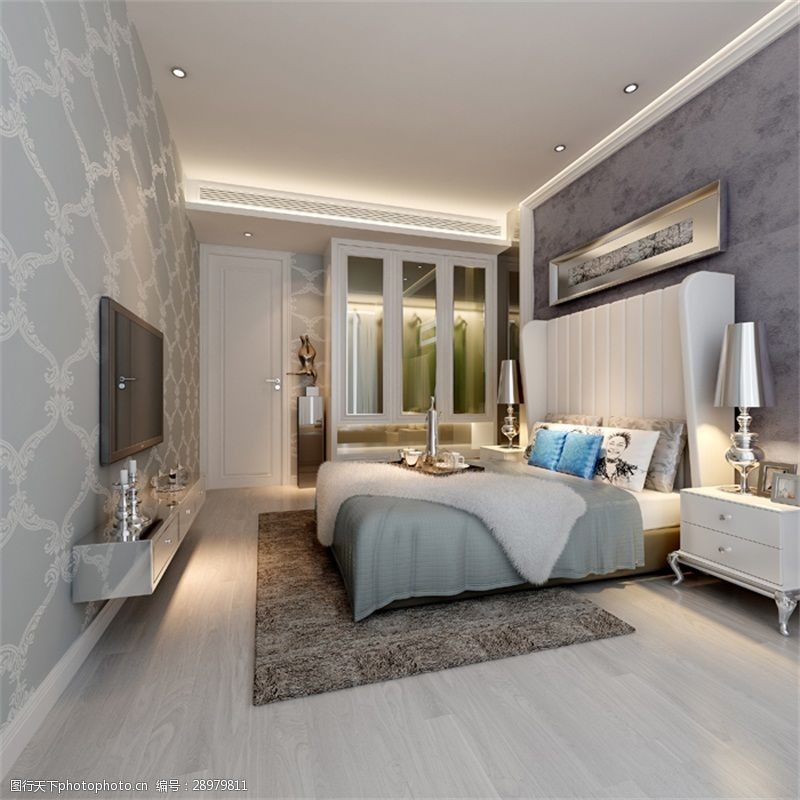 3d渲染现代风格冷色调卧室效果图