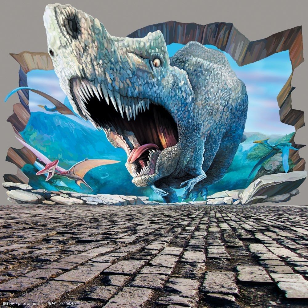 3d侏罗纪公园恐龙冲出墙面背景图